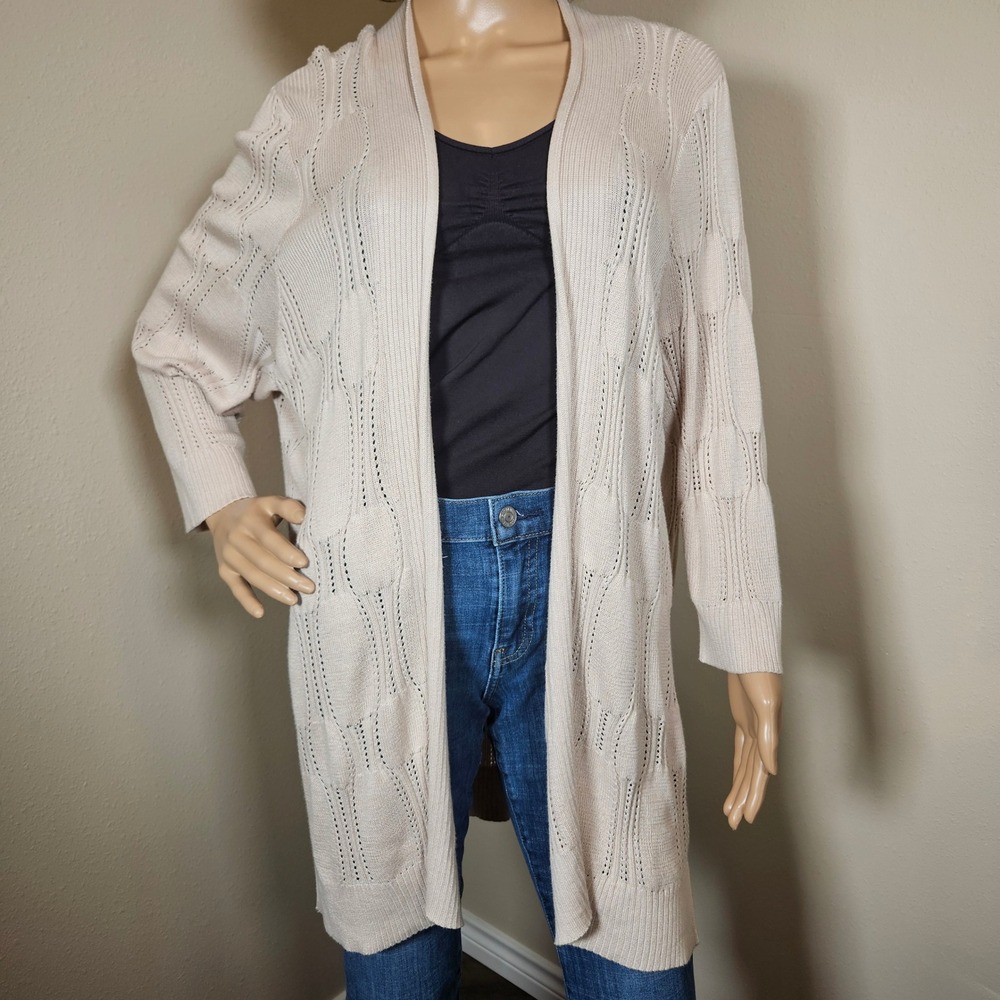 TanJay Womens Beige Open Front Pointelle Knit Cardigan Sweater Size Large
